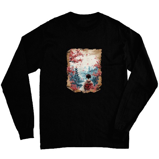 Japanese Castle Onsen Art Papyrus Scroll Floral Geisha 28 Long Sleeves