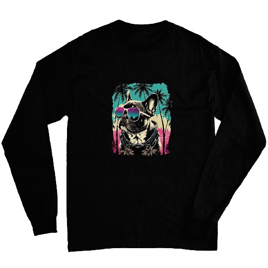 Frenchie in Paradise Retro Bulldog on Palm Sunset Long Sleeves