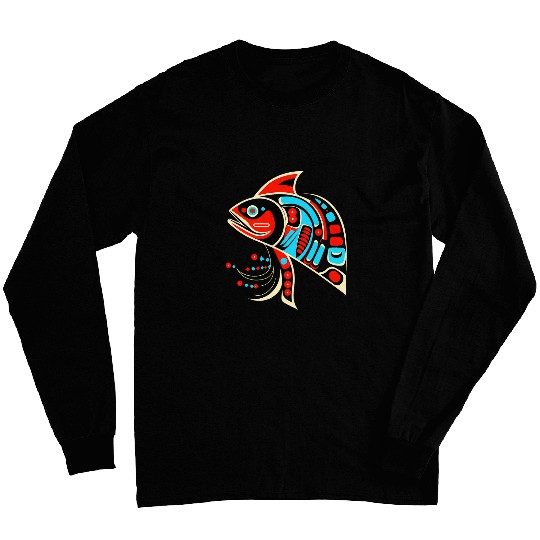 Salmon Fish in Plains Art Style North American Tribal Art Long Sleeves
