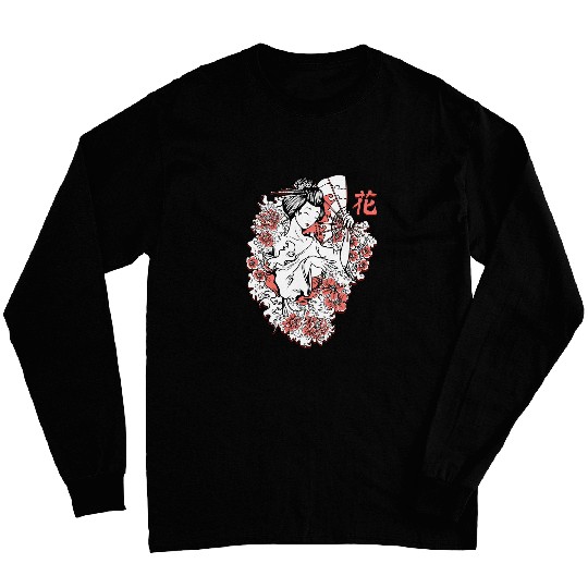 Japanese Geisha Girl Fanning Herself In Flowers Long Sleeves