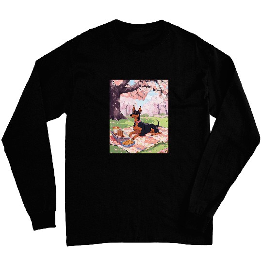 Miniature Pinscher Cherry Blossom Funny Dog Picnic Long Sleeves