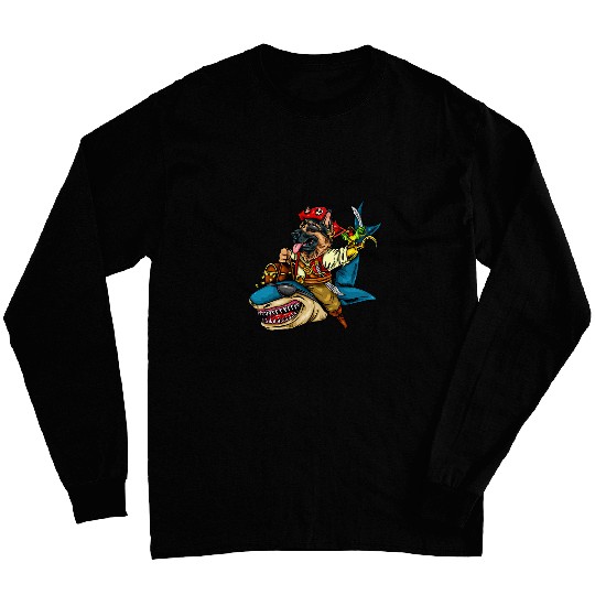 Pirate German Shepherd Riding Shark Halloween Long Sleeves