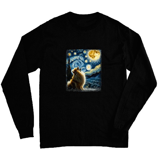 Pomeranian Dog Canine Art Van Gogh Starry Night Pomeranian Long Sleeves