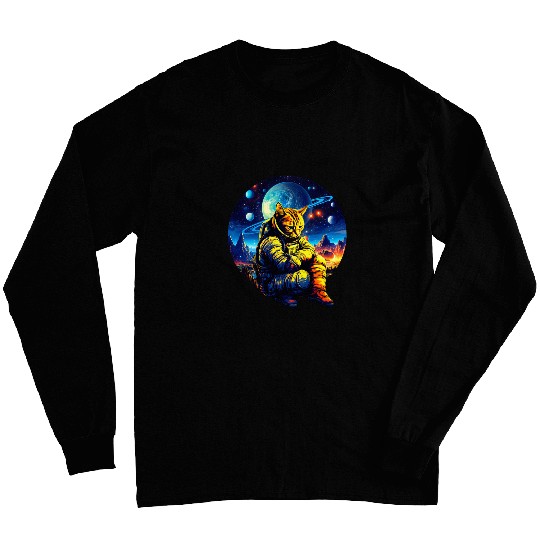 Sad Astronaut Cat In Outer Space Galaxy Cat Astronaut Design Long Sleeves