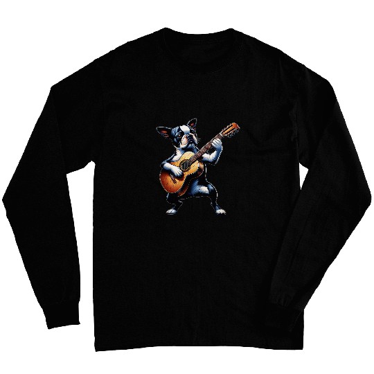Guitar Playing Boston Terrier Bostie Dog Puppy Lover Long Sleeves