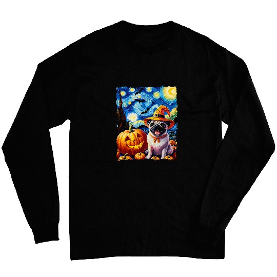Pug Dog Halloween Starry Night Van Gogh for Art Lovers Long Sleeves