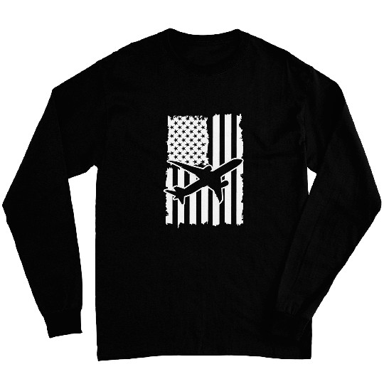American Flag USA Patriotic Airplane Aircraft Aviation Pilot Long Sleeves