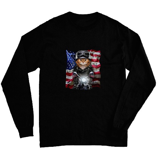 Patriot Orange Cat on Motorcycle with Flag of USA 21 Long Sleeves