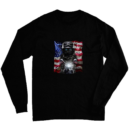 Patriot Fluffy black cats on Motorcycle with Flag of USA Long Sleeves
