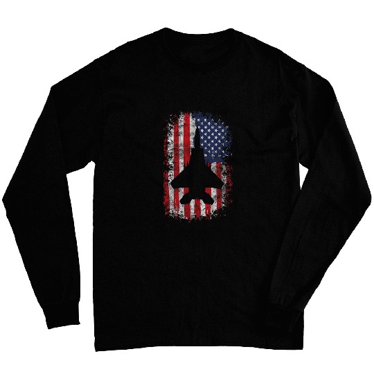 F22 Raptor Fighter Jet Silhouette USA Flag F18 Plane Long Sleeves