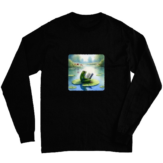 Frog Reading Philosophy Book On Water Lily Pond Mirrored Long Sleeves