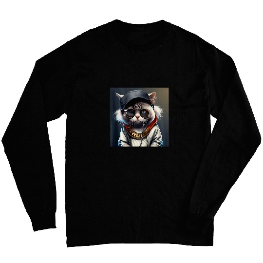 Funny Cool Hip Hop DJ Music Producer Rapper Cat BACK PRINT Long Sleeves