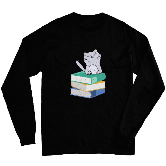 Book Cute Kawaii Cat Distressed Bookworm Reader Introvert Long Sleeves