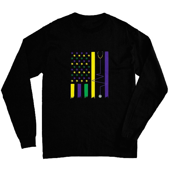 Mardi Gras US Flag Stethoscope Parade nurses Nursing Long Sleeves