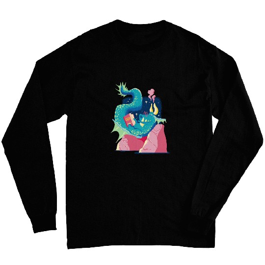 dragon book cool fun cartoon art reading Long Sleeves