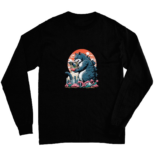 Giant Cat Ramen Retro Kawaii Japanese Anime Art Catzilla Long Sleeves