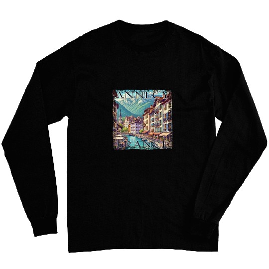 Annecy France Town Canals Mountains Grunge Art Long Sleeves