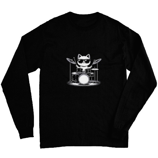 Cat Drummer Rock Music Hilarious Musician Cat 2 Long Sleeves