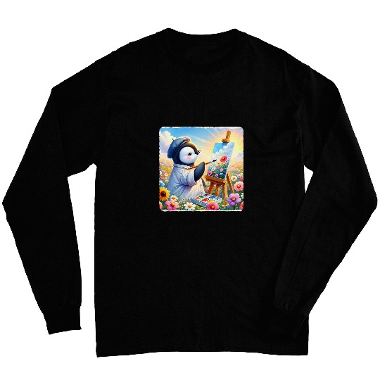 Penguin Drawing Flowers In A Field On A Clear Day Beret Long Sleeves