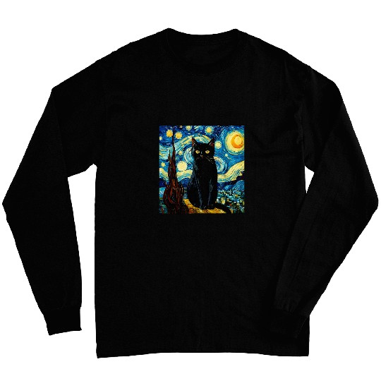 Funny black cats Painting Artist Van Gogh Starry Night Art Long Sleeves