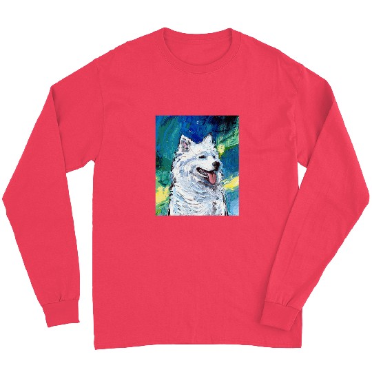 Dog Samoyed Portrait and Northern Lights Dog Aurora Art by Aja Long Sleeves
