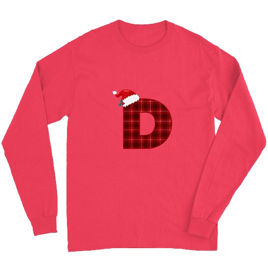 Christmas Plaid Initial Letter D Monogram Santa Hat Graphic Long Sleeves
