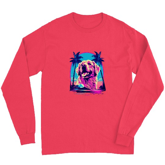 Golden Retriever Pet 80s Synthwave Sunset vintages Retro Long Sleeves