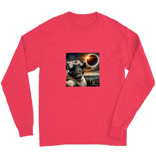Pug Glasses Taking A Selfie With Solar 2024 Eclipse Long Sleeves