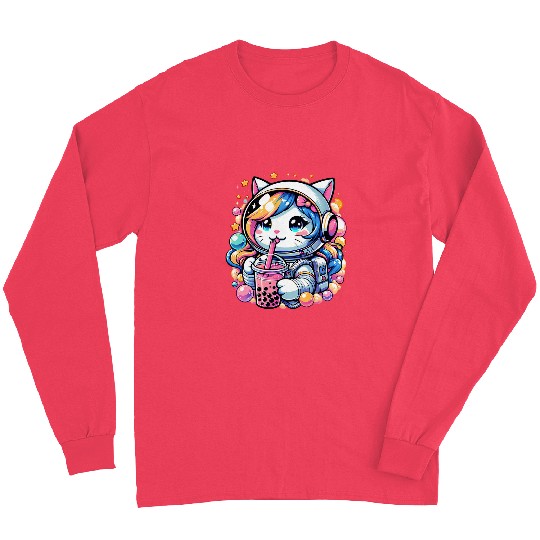 Anime Cute Astronaut Cat In Space Drinking Bubble Boba Tea Long Sleeves