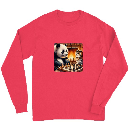 Panda Pet Playing Chess With Owl By Fireplace Cozy Strategy Long Sleeves
