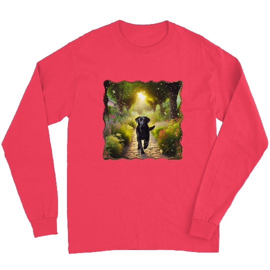 Beautiful Black Lab Dog Running Down a Garden Path Long Sleeves