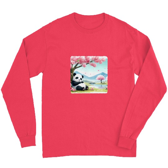 Panda Pet Sleeping Under A Tree With Falling Petals Serene Pond Long Sleeves