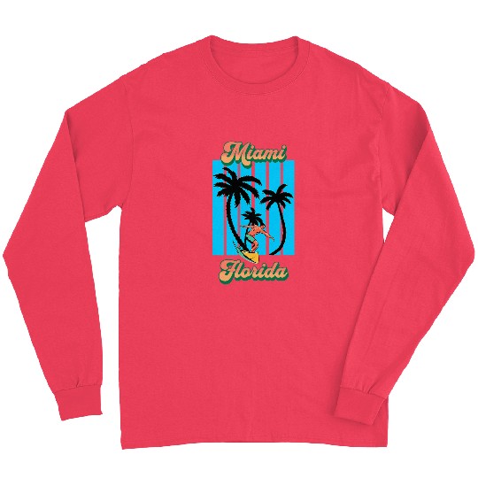 Miami Florida FL Beach Surf Palm Trees Orange Blue Black Top Long Sleeves