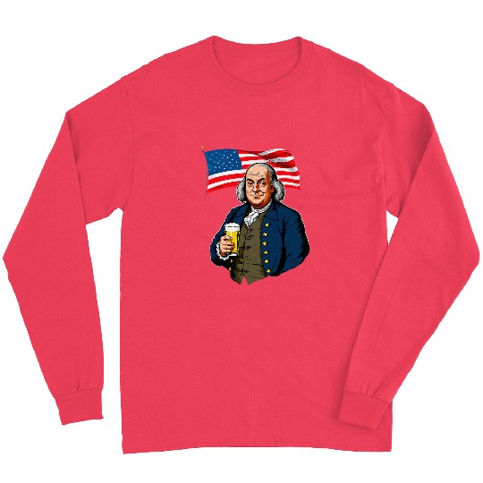 Beer Fun Benjamin Franklin With Beer Mug American Flag 8 Long Sleeves