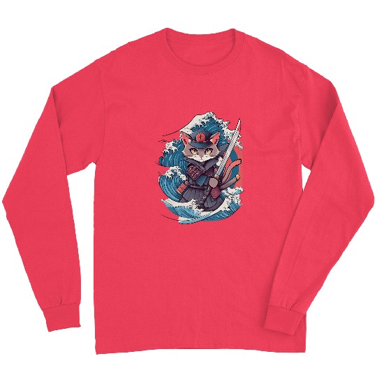 Retro Japanese Cat Samurai tattoo graphic Ninja Kawaii 7 Long Sleeves