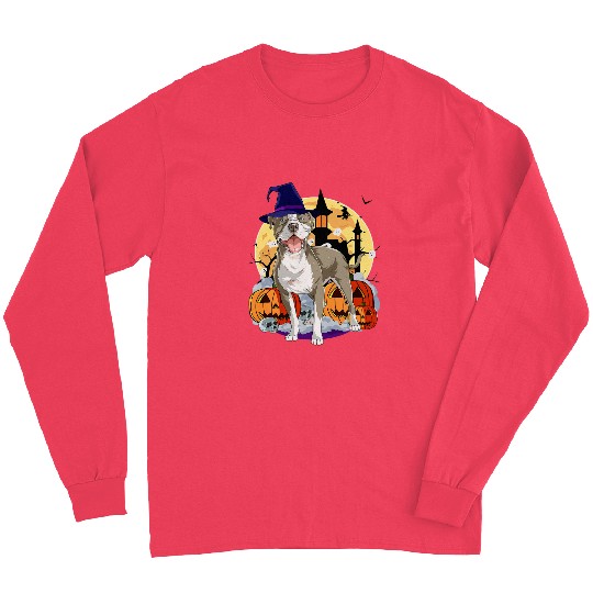 Cute American Pit Bull Terrier Halloween Witch Pumpkin Long Sleeves