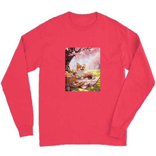 Corgi Cherry Blossom Funny Dog Picnic Long Sleeves