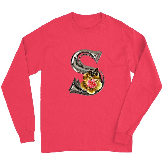 Initial Letter S Monogram Pink Sakura Flowers and Butterfly Long Sleeves