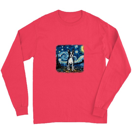 Dog in starry night van gogh Boston Terrier Long Sleeves