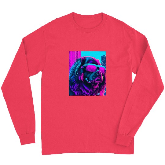 Newfoundland Dog Newfie Vaporwave 80s Synthwave Retrowave Long Sleeves