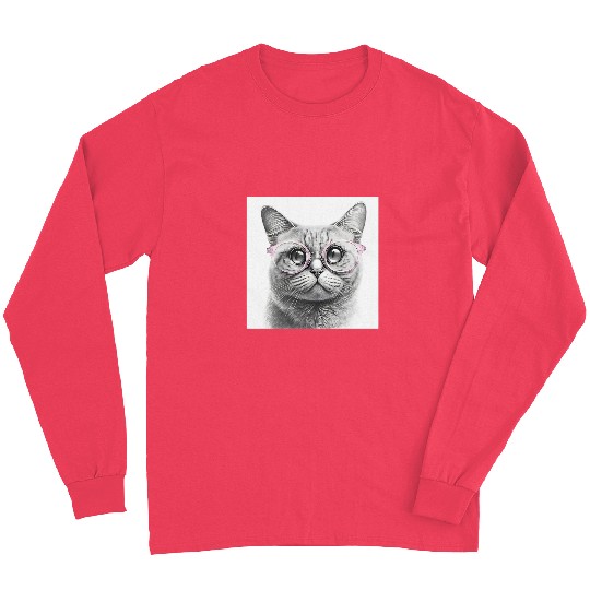 Pencil Drawing of Curious Cat Wearing Light Pink Glasses Long Sleeves