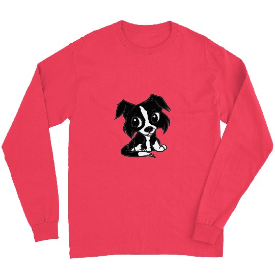 border collie bw cartoon Long Sleeves