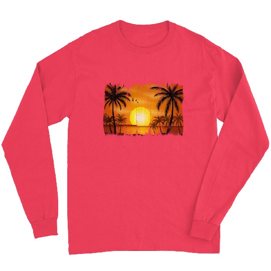 Retro Sunrise, Beach, Palm Trees, Vacation Long Sleeves