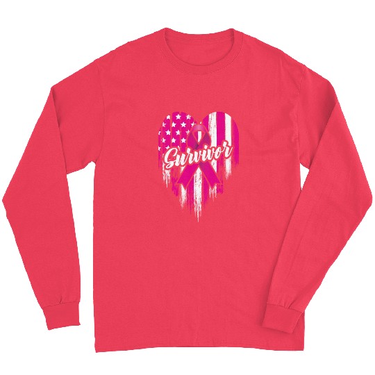 Breast Cancer Survivor Pink Ribbon American Flag Long Sleeves