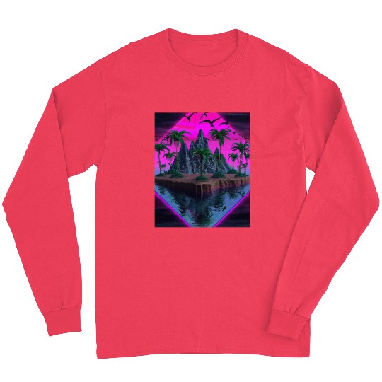 Vaporwave Aesthetic Tropic Island With Palms And Long Sleeves