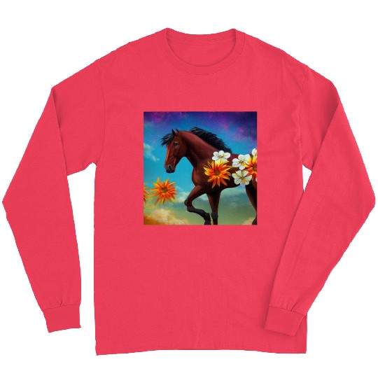 Brown horse with orange white flowers drawing Long Sleeves
