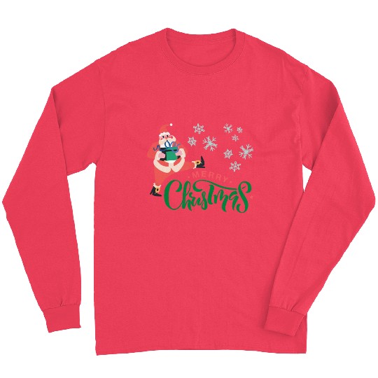 Merry Christmas in Green Font and Pink Santa Long Sleeves