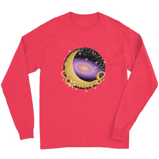 glowing violet galaxy with moon and stars Long Sleeves
