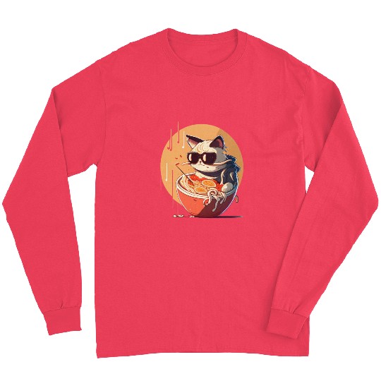 cat eating Chinese food,cute design for Meow lover Long Sleeves