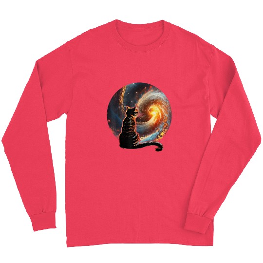 Cat Staring at a Galaxy Cat Dad Cat Lover Long Sleeves